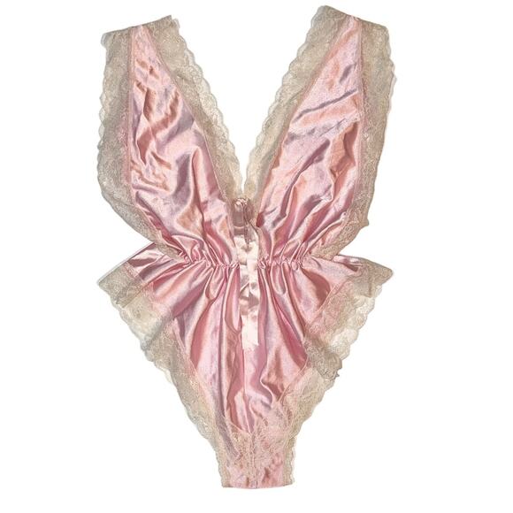 Other - Vintage Satin Pink Cream Lace Bodysuit Snap Closure Teddy Lingerie
